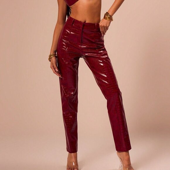 Burgundy Party Women's Snakeskin Straight Leg Trousers - Picture 1 of 5